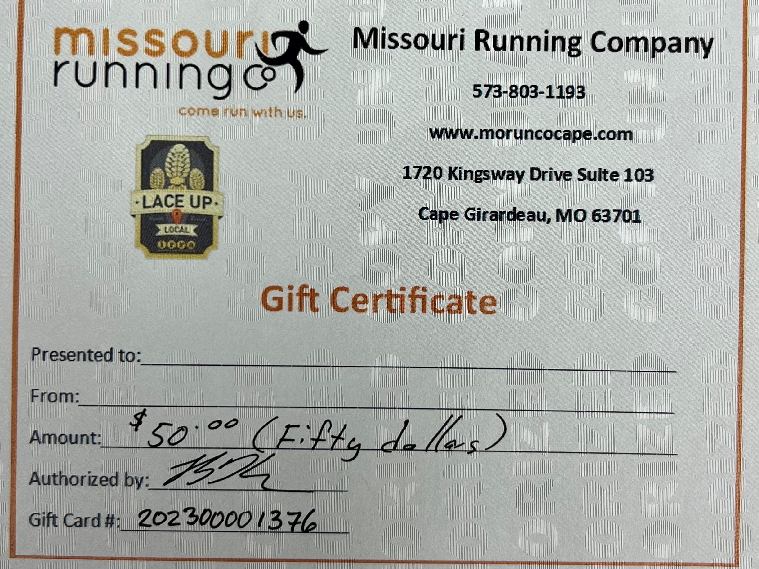 $50 Gift Certificate to Running Company