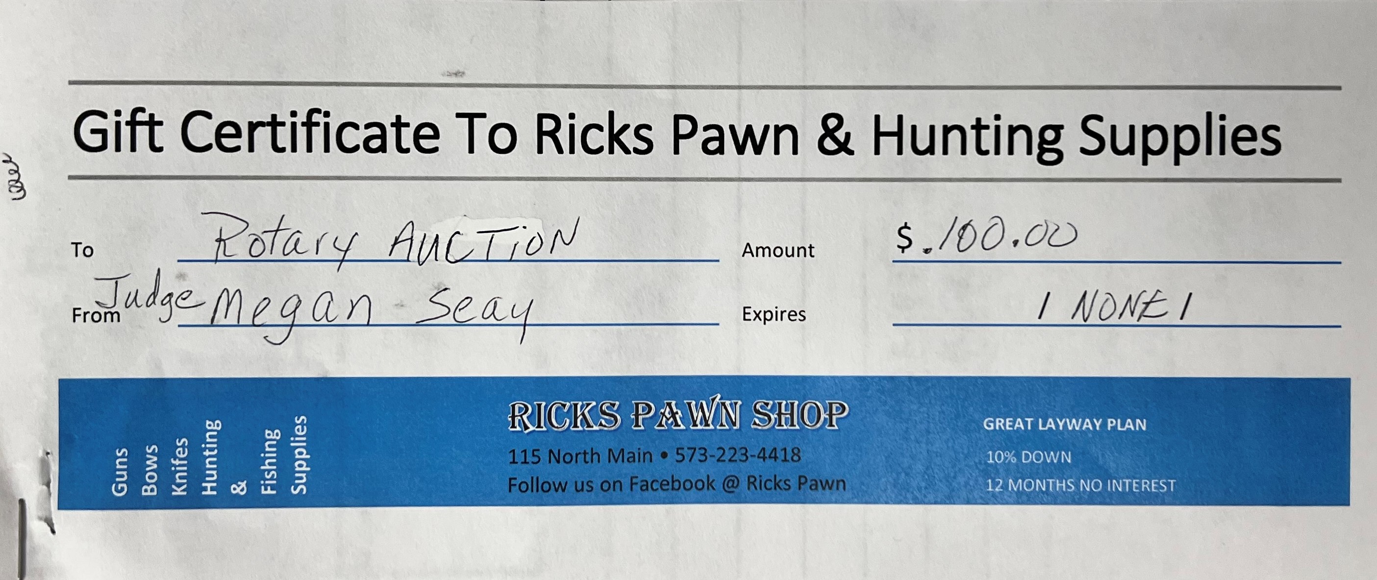 $100 Gift Certificate to Rick's Pawn