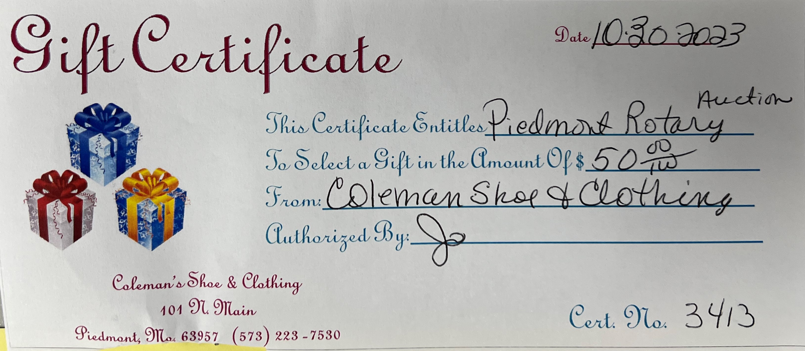 $50 Gift Certificate for Coleman's 