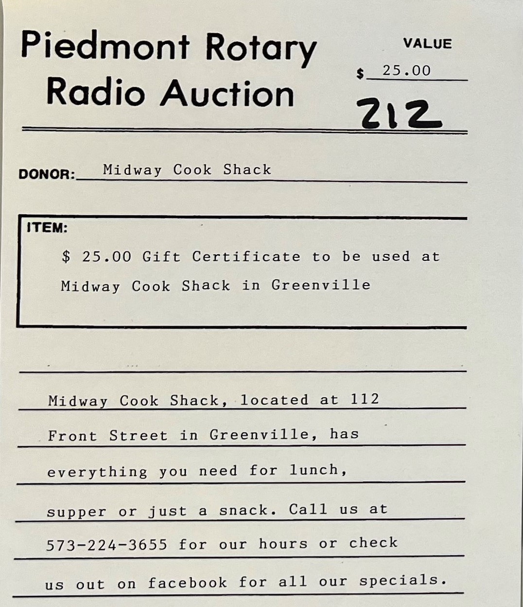 $25 Gift Cert-Midway Cook Shack
